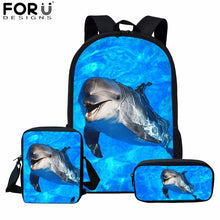 Load image into Gallery viewer, FORUDESIGNS Blue Dolphin Kids Backpack for Girls Sea Animal Print School Bag Set Children Daily Bagpack 3Pcs with Pencil Bag