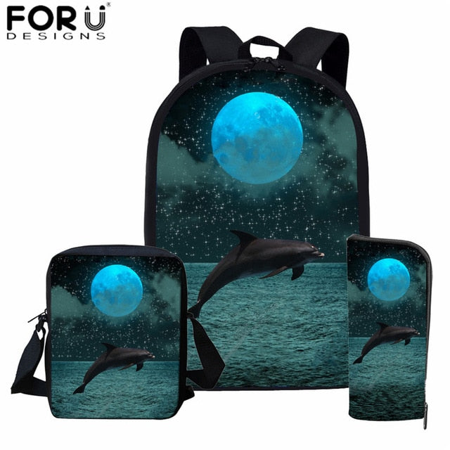 FORUDESIGNS Blue Dolphin Kids Backpack for Girls Sea Animal Print School Bag Set Children Daily Bagpack 3Pcs with Pencil Bag