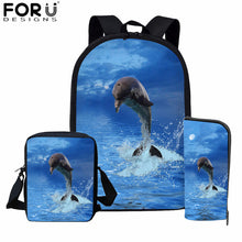 Load image into Gallery viewer, FORUDESIGNS Blue Dolphin Kids Backpack for Girls Sea Animal Print School Bag Set Children Daily Bagpack 3Pcs with Pencil Bag